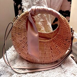 woven straw Top handle crescent shape crossbody bag silk look citron scarf